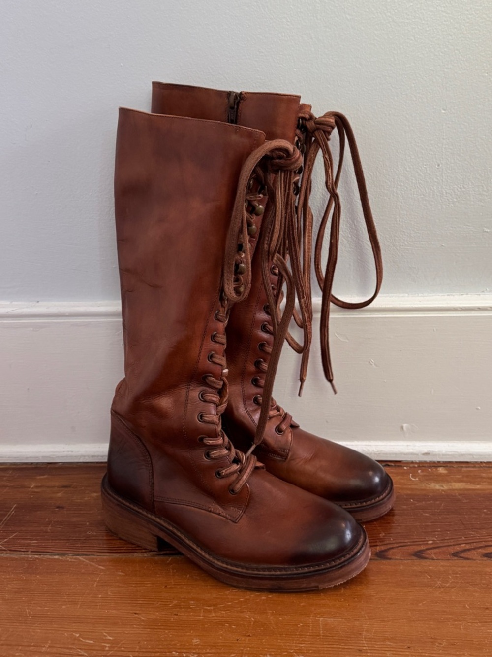 Vintage Foundry Co Women's Size 6.5 Brown Tan Leather Lace Up Knee High Boots